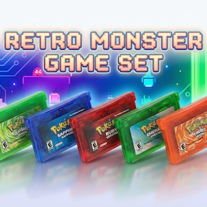 May include: A retro game set featuring five colorful game cartridges. The cartridges are in green, blue, red, green, and orange cases. Each cartridge has a label with the "Pokemon" logo and game title. The text "RETRO MONSTER GAME SET" is displayed above.
