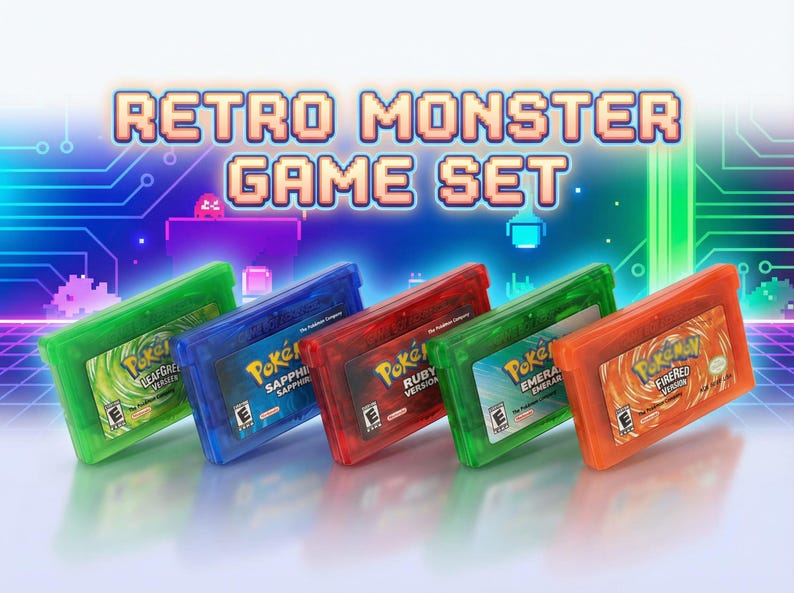 May include: A retro game set featuring five colorful game cartridges. The cartridges are in green, blue, red, green, and orange cases. Each cartridge has a label with the "Pokemon" logo and game title. The text "RETRO MONSTER GAME SET" is displayed above.