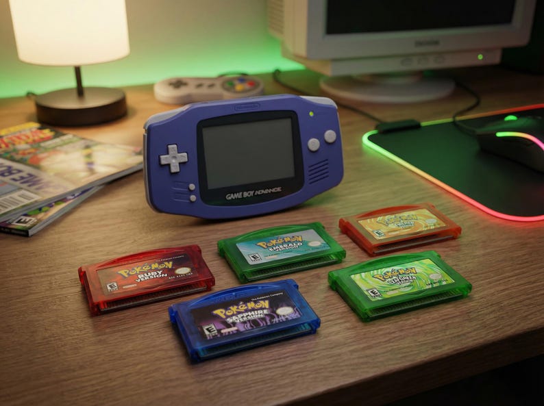 May include: A purple Game Boy Advance handheld console with a black screen and several colorful game cartridges. The cartridges are labeled with the Pokemon series titles, including Ruby, Sapphire, and Emerald versions. The items are on a wooden desk.