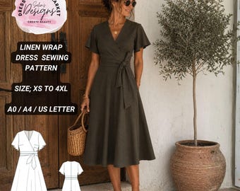 Linen Wrap Dress Sewing Pattern, Flutter Sleeve Midi, Tie Waist, Sizes 2-30 (Digital PDF)
