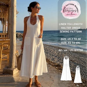 Könnte beinhalten: Ein Schnittmuster für ein wadenlanges Neckholder-Kleid aus Leinen mit Rundhalsausschnitt und zwei Vordertaschen. Der Text lautet: Dress Pattern Market Selin's Designs Create Beauty, Linen Tea Length Halter Dress Sewing Pattern, Size US 2 to 30, Size XS to 4XL, A0 / A4 / US Letter.