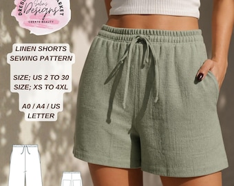 Linen Shorts Sewing Pattern, High Waist Drawstring, Relaxed Fit, Beginner Friendly (Digital Download)