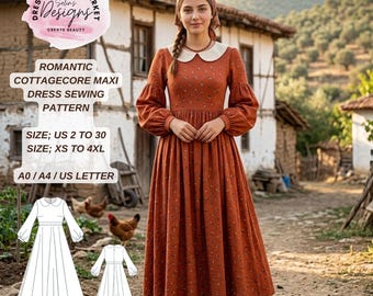 Romantic Cottagecore Maxi Dress Sewing Pattern | Vintage Peter Pan Collar, Bishop Sleeve (PDF Download)