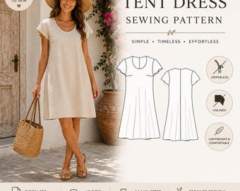 Tent Dress Sewing Pattern, Minimalist Loose Fit, Scoop Neck (Digital PDF)