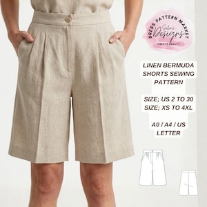May include: Tan linen Bermuda shorts with a button closure and front pockets. The shorts are part of a sewing pattern, with text that reads "Linen Bermuda Shorts Sewing Pattern". The pattern sizes range from US 2 to 30 and XS to 4XL.