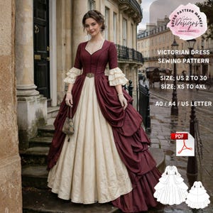 May include: A Victorian dress sewing pattern with a burgundy bodice and cream-colored skirt. The dress features ruffled sleeves and a decorative belt. The image includes the text "Victorian Dress Sewing Pattern" and size details.
