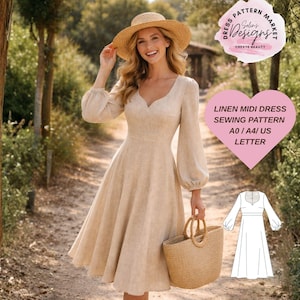 Könnte beinhalten: Ein beiges Midikleid aus Leinen mit langen, gepufften Ärmeln und einem V-Ausschnitt. Das Kleid wird mit einem Strohhut und einer Korbtasche getragen. Der Text im Bild lautet "LINEN MIDI DRESS SEWING PATTERN A0/A4/US LETTER".
