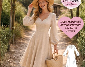 Linen Midi Dress Sewing Pattern | Relaxed Fit Boho, V-Neck, Long Sleeve (PDF Download)