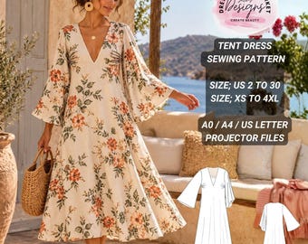 Tent Dress Sewing Pattern, Deep V Neck, Bell Sleeve Midi (Digital PDF)