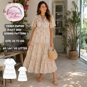 Peut inclure: Une robe midi à taille empire et volants, dotée d'un col en V et de manches évasées, en tissu clair à motif floral marron. L'image contient le texte : Dress Pattern Market Selin's Designs, Tiered Empire Waist Midi Sewing Pattern.