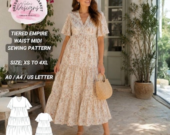 Tiered Empire Waist Midi Dress PDF Sewing Pattern | Flutter Sleeve Boho Summer Dress
