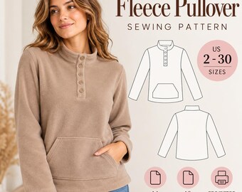 Wykrój do szycia damskiego swetra polarowego, bluzy z golfem w formacie PDF, bluzki henley z długim rękawem i kieszenią kangurkową, cyfrowy wykrój do szycia