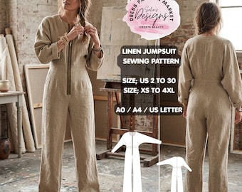 Linen Jumpsuit Sewing Pattern, Kimono Sleeve, Loose Fit, Front Zipper (Digital Download)