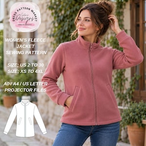 May include: A dusty rose fleece jacket with a full-length front zipper, a high collar, and two slanted side pockets. The image includes text: DRESS PATTERN MARKET Selin's Designs, WOMEN'S FLEECE JACKET SEWING PATTERN, SIZE; US 2 TO 30, SIZE; XS TO 4XL, A0 / A4 / US LETTER PROJECTOR FILES.