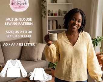 Muslin Blouse Sewing Pattern, Loose Fit Peasant Top, Boho V Neck (Instant Download)