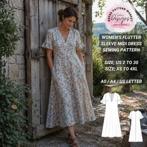 Pode incluir: Um vestido midi com mangas de folho e decote em V, apresentando um padrão floral multicolorido. O texto na imagem diz: DRESS PATTERN MARKET Selin's DESIGNS CREATE BEAUTY, WOMEN'S FLUTTER SLEEVE MIDI DRESS SEWING PATTERN, SIZE; US 2 TO 30, SIZE; XS TO 4XL, A0 / A4 / US LETTER.
