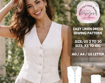 Linen Vest Sewing Pattern, Tailored Waistcoat, Women Sizes 2-30 (Instant Download)