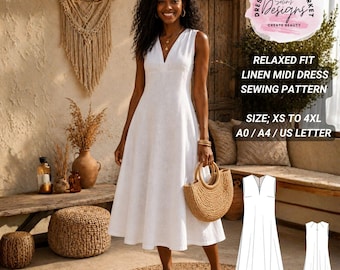 Linen Tent Dress Sewing Pattern, Relaxed Fit Midi, Boho Summer Style (PDF Download)