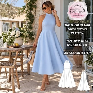 May include: A light blue midi dress with a halter neckline and a flared skirt. The image includes text for a sewing pattern, specifying sizes US 2 to 30 and XS to 4XL, with A0, A4, and US Letter formats. A technical line drawing of the dress is shown.