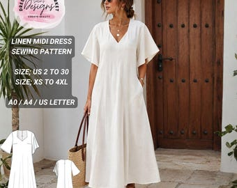 Linen Midi Dress Sewing Pattern | V-Neck Flutter Sleeve, Relaxed A-Line (Digital Download)