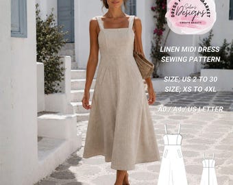 Linen Midi Dress Sewing Pattern, Square Neck Summer A-Line (PDF Download)