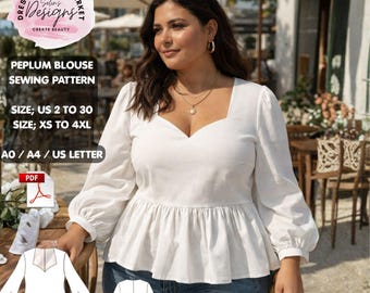 Peplum Blouse Sewing Pattern, Puff Sleeve Top, Square Back, Romantic Style (PDF Download)