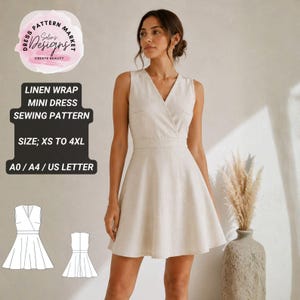 May include: A beige sleeveless linen wrap mini dress with a V-neckline and a fitted waist. Text on the image reads: Dress Pattern Market Selin's Designs, Linen Wrap Mini Dress Sewing Pattern, Size: XS to 4XL, A0 / A4 / US Letter. Includes line art.