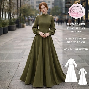 Puede incluir: Un vestido maxi vintage verde oliva con mangas largas y cuello alto. El vestido tiene una falda amplia y se muestra en una mujer de pie en una pasarela pavimentada. La imagen incluye el texto "Vintage Maxi Dress Sewing Pattern" y opciones de tallas.