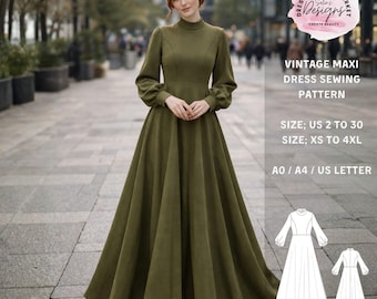 Vintage Maxi Dress Sewing Pattern, Elegant Long Sleeve Modest (PDF Download)
