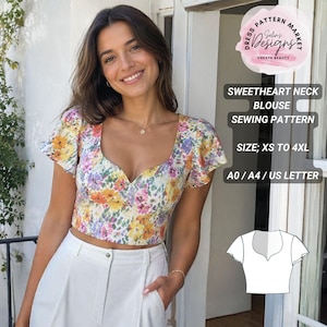 Könnte beinhalten: Ein Schnittmuster für eine Bluse mit herzförmigem Ausschnitt und buntem Blumenmuster in Gelb, Rosa und Violett. Der Text lautet: DRESS PATTERN MARKET Selin's Designs CREATE BEAUTY, SWEETHEART NECK BLOUSE SEWING PATTERN, SIZE; XS TO 4XL, A0 / A4 / US LETTER.