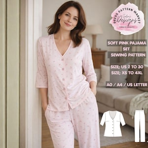 Patrón de costura para conjunto de pijama rosa pálido con estampado floral minimalista (Tallas estadounidenses 2-30)