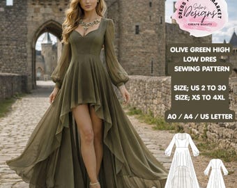 Olive Green High Low Dress Sewing Pattern, Medieval Fairy Gown, Sizes XS-4XL (PDF Download)