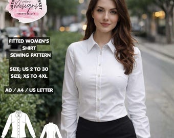 Fitted Women's Shirt Sewing Pattern, Tailored Blouse PDF, Long Sleeve Classic Top (Instant Download)