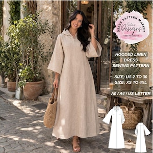 May include: A woman wearing a beige hooded linen dress with wide sleeves. The dress has a zipper closure and a drawstring hood. The image includes text that reads "HOODED LINEN DRESS SEWING PATTERN" and size information.
