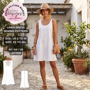 Puede incluir: Una mujer con un vestido de lino blanco, un sombrero de paja y un bolso marrón. La imagen incluye un patrón de costura con el texto "Linen Dress Sewing Pattern" y detalles de tallas.