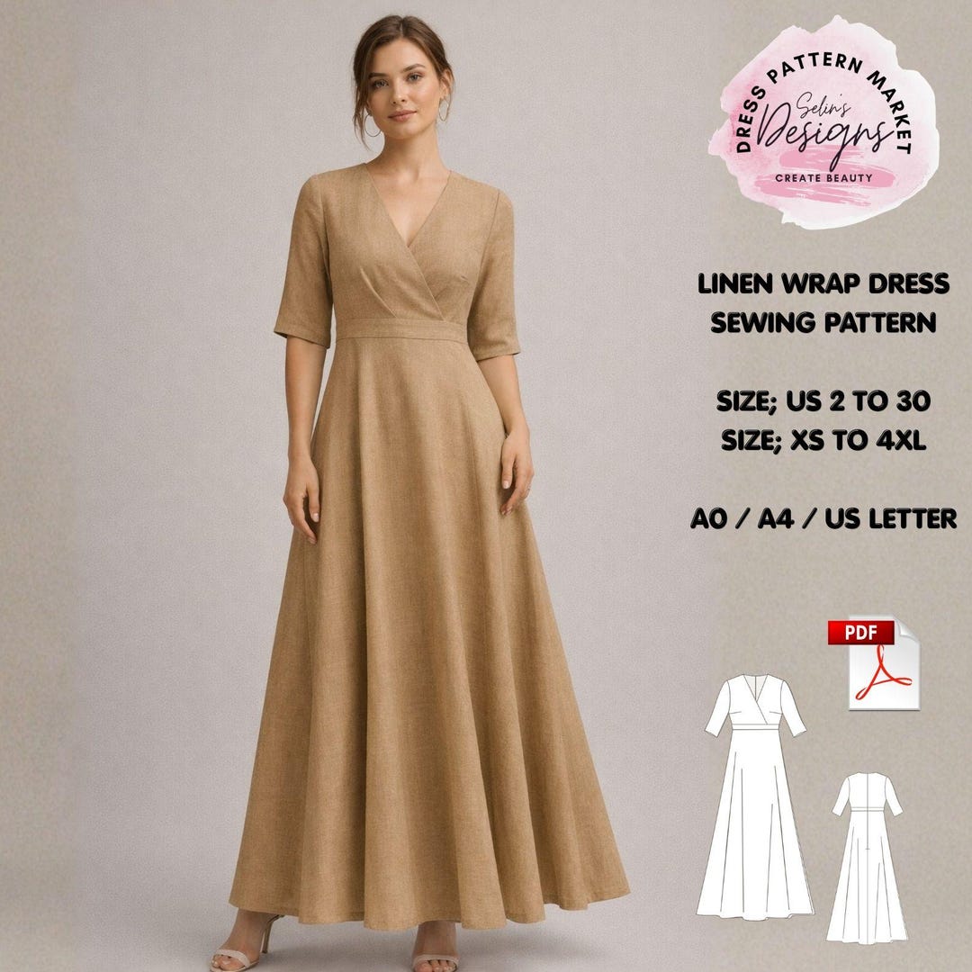 Linen Wrap Maxi Dress Sewing Pattern, V Neck A Line PDF (digital ...