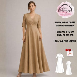 May include: A tan linen wrap dress with a V-neck and elbow-length sleeves. The image includes a sewing pattern with the text "Linen Wrap Dress Sewing Pattern" and size details: US 2 to 30, XS to 4XL. The pattern is available in A0, A4, and US Letter sizes.