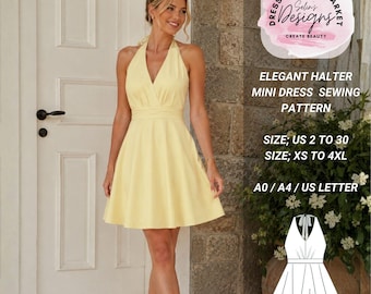 Elegant Halter Mini Dress Sewing Pattern | Backless Fit & Flare (Digital Download)