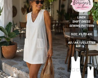 Linen Shift Dress Sewing Pattern | V-Neck Mini Tunic, Loose Fit (Digital Download)