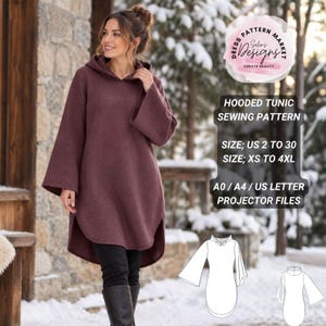 May include: A maroon hooded tunic with long, wide sleeves and a curved hemline. Text on the image reads: Selin's Designs, HOODED TUNIC SEWING PATTERN, SIZE; US 2 TO 30, SIZE; XS TO 4XL, A0 / A4 / US LETTER, PROJECTOR FILES. Includes a line drawing.
