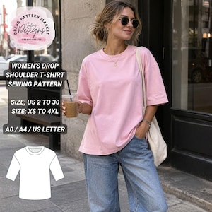 May include: A digital sewing pattern for a drop shoulder t-shirt, featuring a pink t-shirt with short sleeves and a crew neckline. The text includes "DRESS PATTERN MARKET", "WOMEN'S DROP SHOULDER T-SHIRT SEWING PATTERN", "SIZE; US 2 TO 30", "SIZE; XS TO 4XL", and "A0 / A4 / US LETTER".