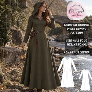 Pode incluir: Um vestido com capuz verde-oliva de manga comprida com um cinto castanho e uma pequena bolsa. O texto diz: DRESS PATTERN MARKET Selin's Designs CREATE BEAUTY, MEDIEVAL HOODED DRESS SEWING PATTERN, SIZE; US 2 TO 30, SIZE; XS TO 4XL, A0 / A4 / US LETTER.
