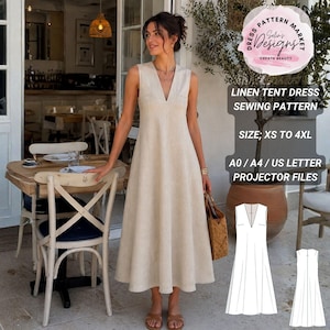 Puede incluir: Un vestido tipo carpa sin mangas en lino beige con escote en V profundo y falda acampanada. El texto en la imagen dice: Dress Pattern Market Selin's Designs, Linen Tent Dress Sewing Pattern, Size: XS to 4XL, A0 / A4 / US Letter Projector Files.