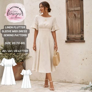 Könnte beinhalten: Ein beiges Leinen-Midikleid mit Flatterärmeln, einem Rundhalsausschnitt und einer taillierten Passform. Das Bild enthält den Text: Dress Pattern Market Selin's Designs, Linen Flutter Sleeve Midi Dress Sewing Pattern, Size XS to 4XL, A0/A4/US Letter.