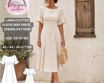 Linen Flutter Sleeve Midi Dress Sewing Pattern | Empire Waist, Summer Style (PDF Download)