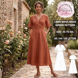 Op de afbeelding: Een roestkleurige wikkeljurk van linnen met een V-hals, korte uitlopende mouwen en een rok tot op de kuit. De tekst op de afbeelding luidt: Selin's Designs, LINEN WRAP DRESS SEWING PATTERN, SIZE: XS TO 4XL, A0 / A4 / US LETTER. Inclusief lijntekening.