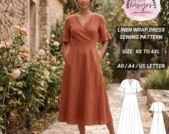 Linen Wrap Dress Sewing Pattern, V-Neck Midi, Flutter Sleeve, A-Line (Sizes 2-30)