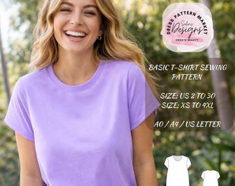Basic Relaxed Fit T-Shirt Sewing Pattern (PDF Download), Beginner Crew Neck Tee