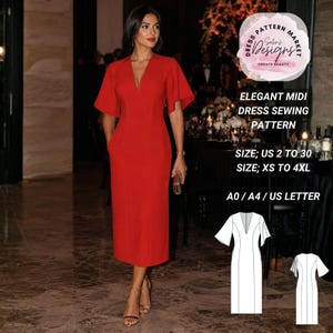 May include: A red midi dress with a V-neckline and flutter sleeves. Text reads: DRESS PATTERN MARKET Selin's Designs CREATE BEAUTY ELEGANT MIDI DRESS SEWING PATTERN SIZE; US 2 TO 30 SIZE; XS TO 4XL A0 / A4 / US LETTER. Includes a white line drawing of the dress.
