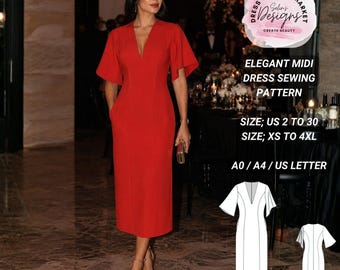 Elegant Midi Dress Sewing Pattern | Deep V-Neck Cape Sleeve, Pockets (PDF Download)